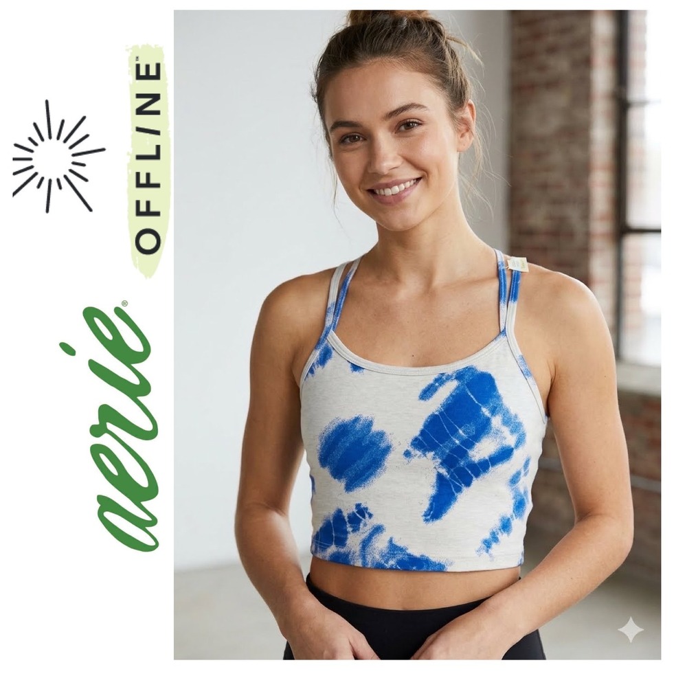 OFFLINE by Aerie Tie Dye Strappy Back Sports Bra Crop Top Blue Grey Sz M Yoga